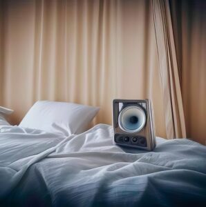 A photo of an audio speaker sitting on a bed with the covers all mussed up